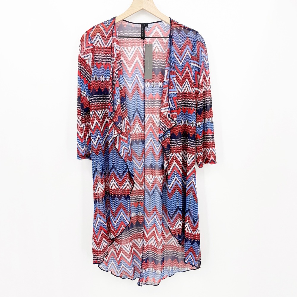 Zero 2 Eight Mesh Cardigan Duster Chevron Open Front Draped L Patriotic Beach